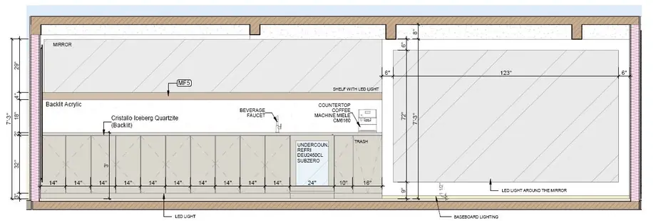 A dimensioned interior elevation of the gym wall showing mirrored panels and joinery