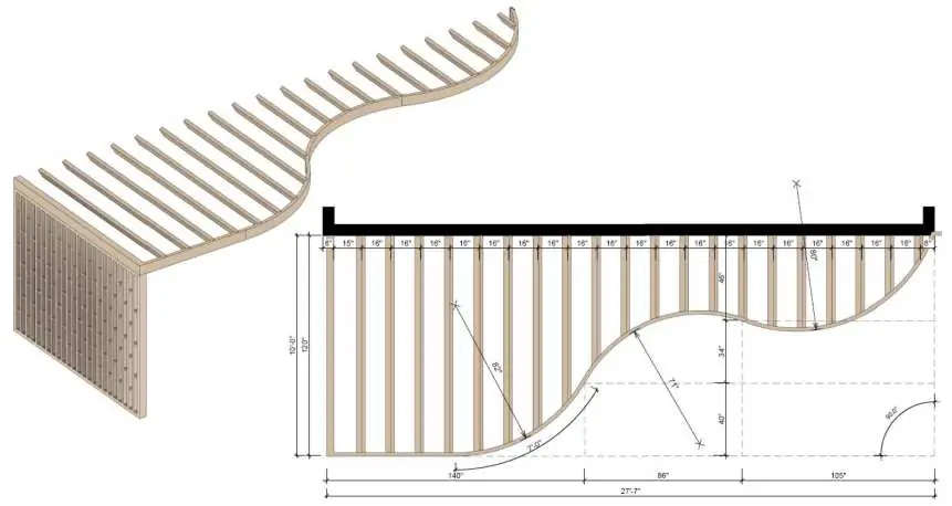 A construction detail drawing of the pergola showing the curved rafter profile and spacing