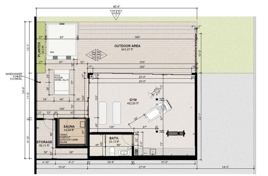 A dimensioned floor plan of a gym, sauna, bath and adjoining outdoor spa