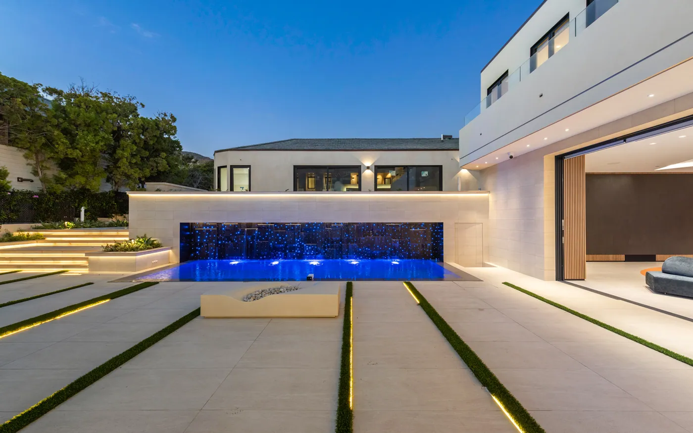 Pool and garden steps at dusk