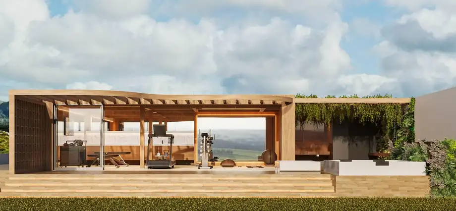 The outdoor spa terrace with timber pergola, built-in seating and planted screening