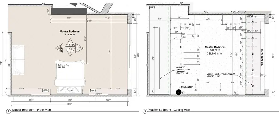 A dimensioned bedroom floor plan and reflected ceiling plan