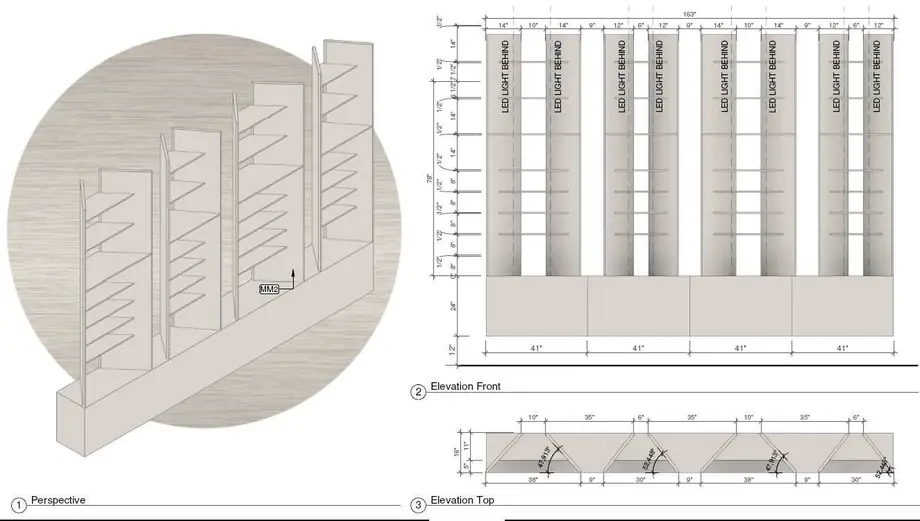 A dimensioned facade elevation showing glazing bays and roof line