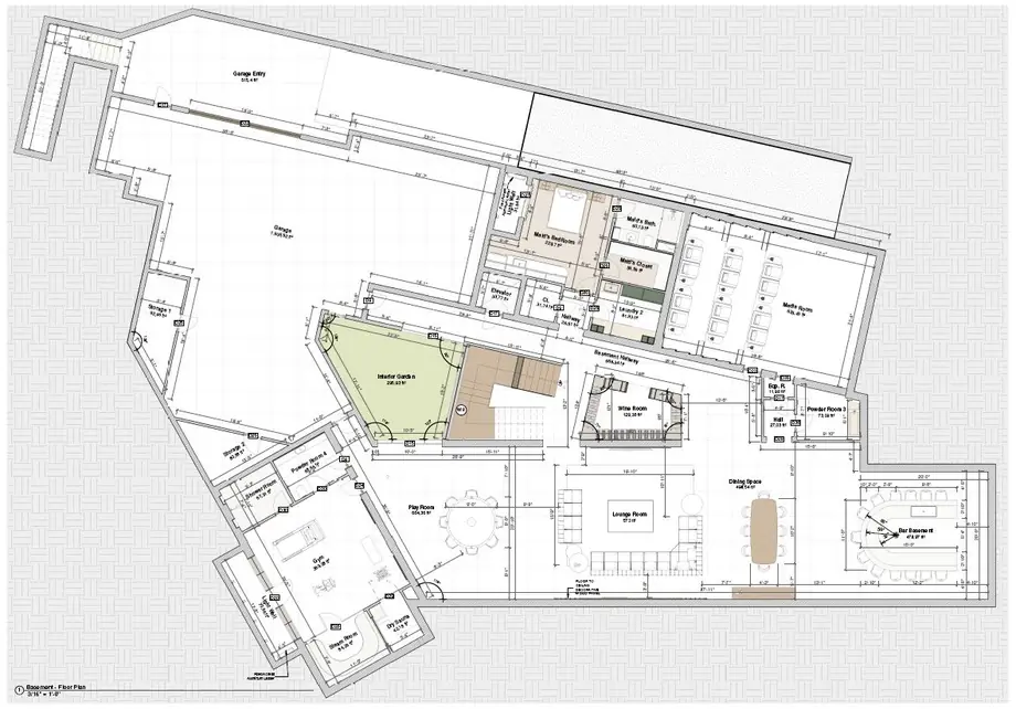 A dimensioned architectural floor plan showing room layout, circulation and pool