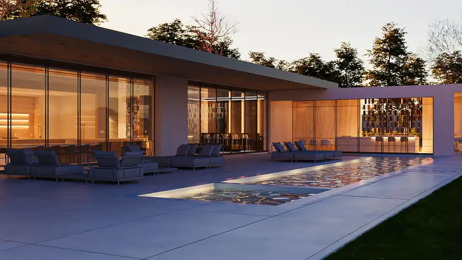 A studio rendering of a proposed single-storey residence at dusk with a pool along its glazed elevation