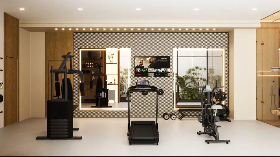 A gym with mirrored walls and glazing onto a terrace