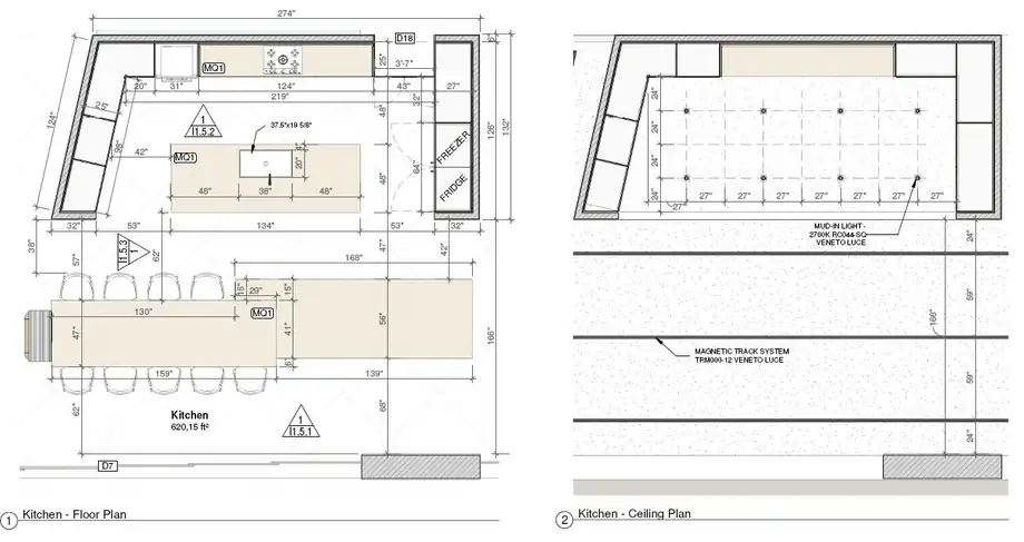 An open living and dining volume with a continuous ceiling plane