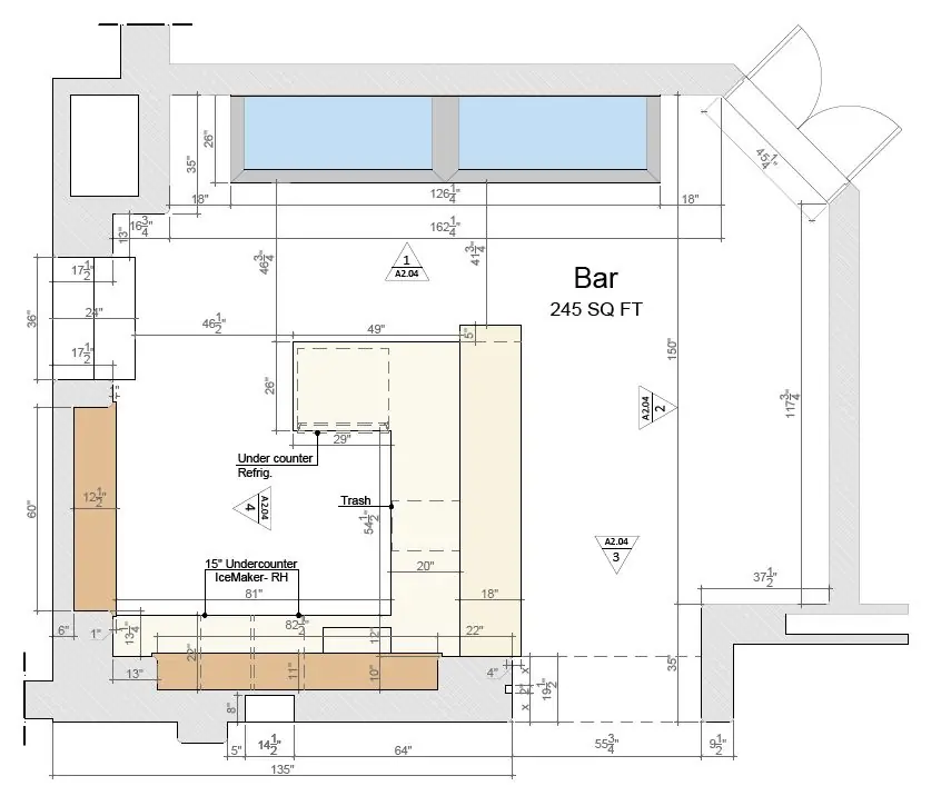 A dimensioned plan of a bar with back-bar service and seating