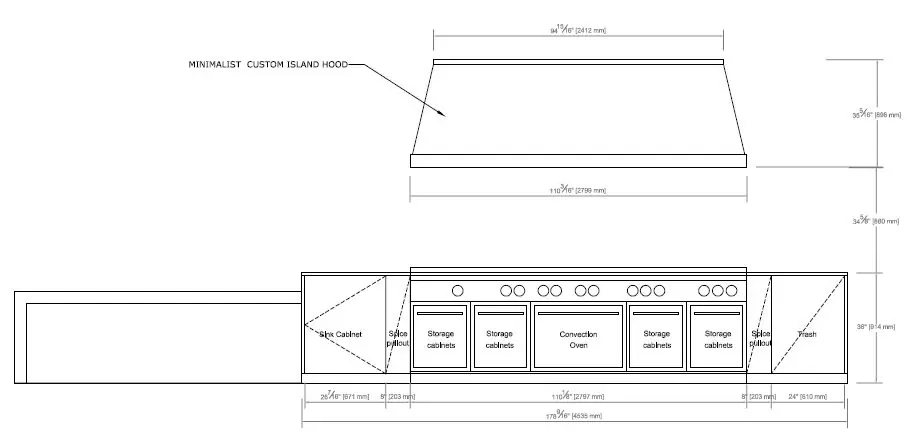 A dimensioned kitchen elevation showing arched millwork, shelving and appliance openings