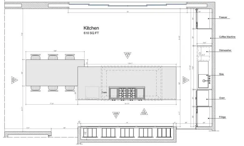 A dimensioned kitchen plan annotated with appliance positions and a 610 square foot area note