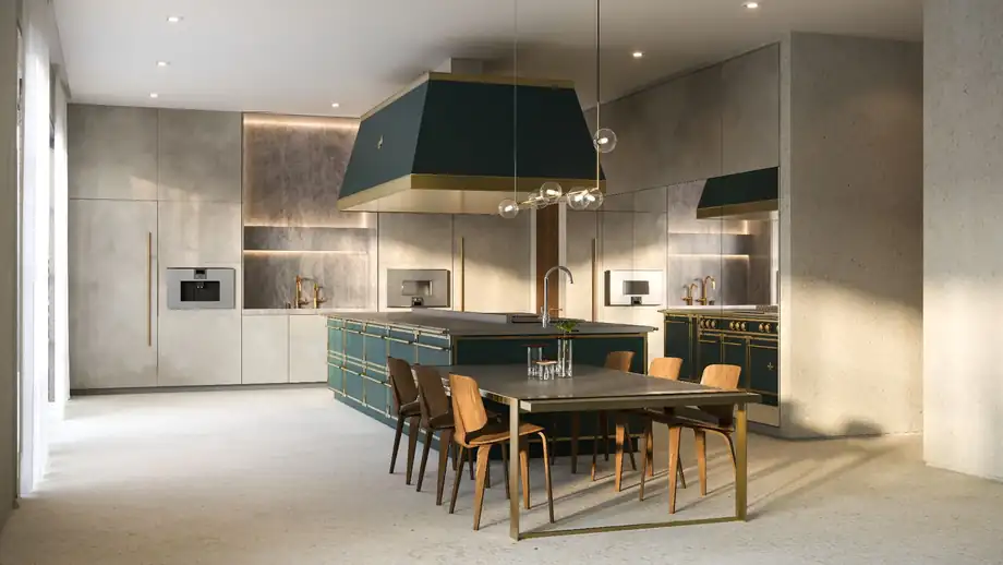 A kitchen with a green tiled island, brass detailing and arched millwork beyond