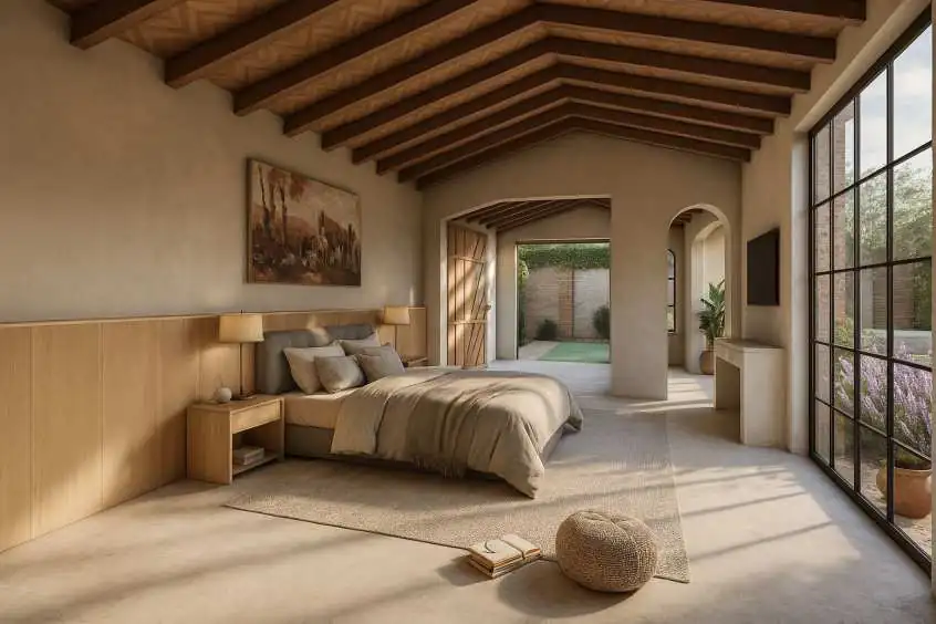 A sitting room with arched openings and built-in shelving