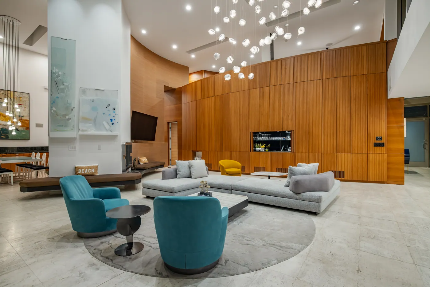 Lounge seating beneath the chandelier