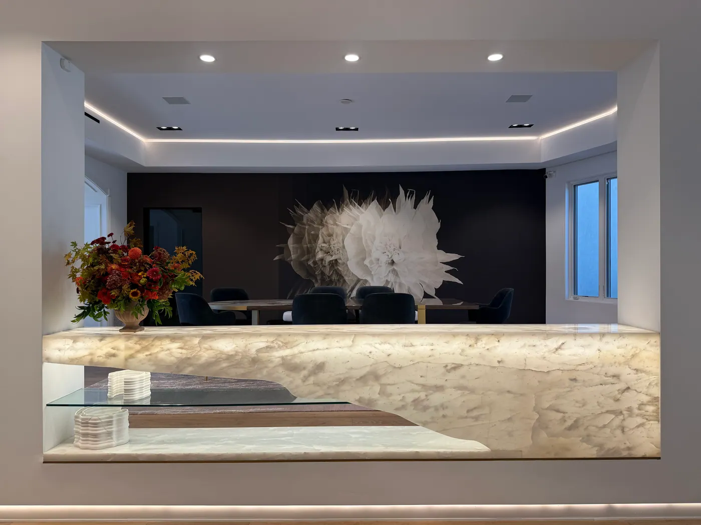 Onyx bar wall and dining room