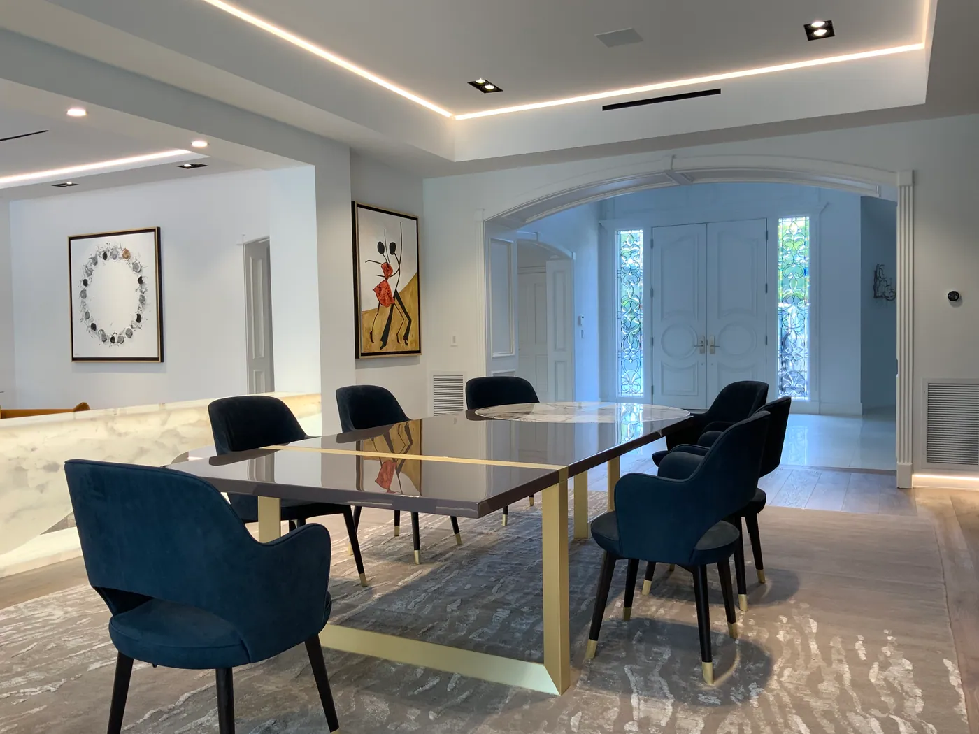 Dining room with brass table