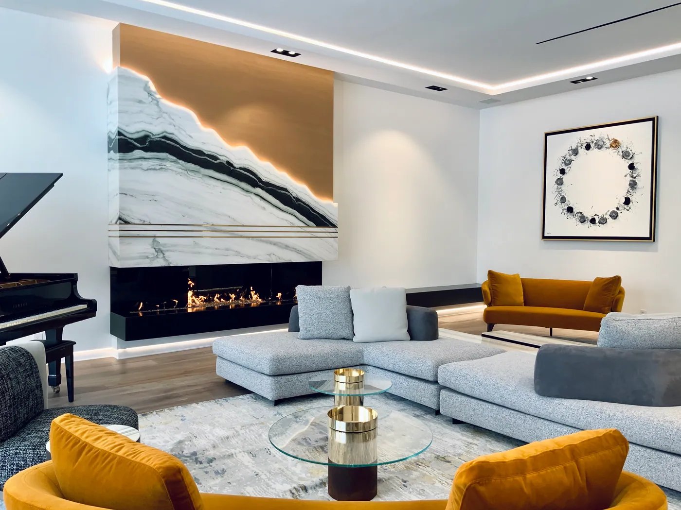 Fireplace in book-matched marble