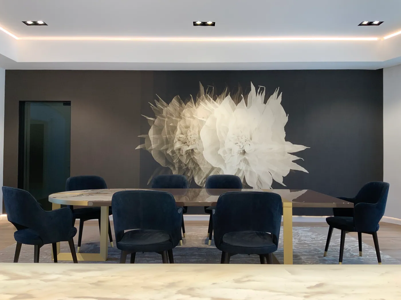 Dining room with sculptural artwork