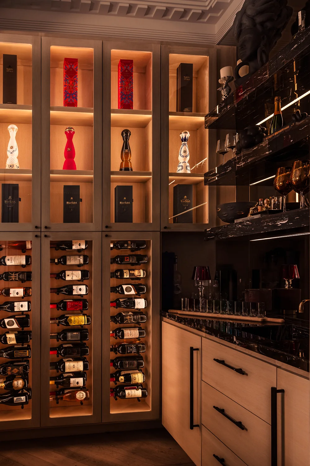 Backlit wine bar with bottle display