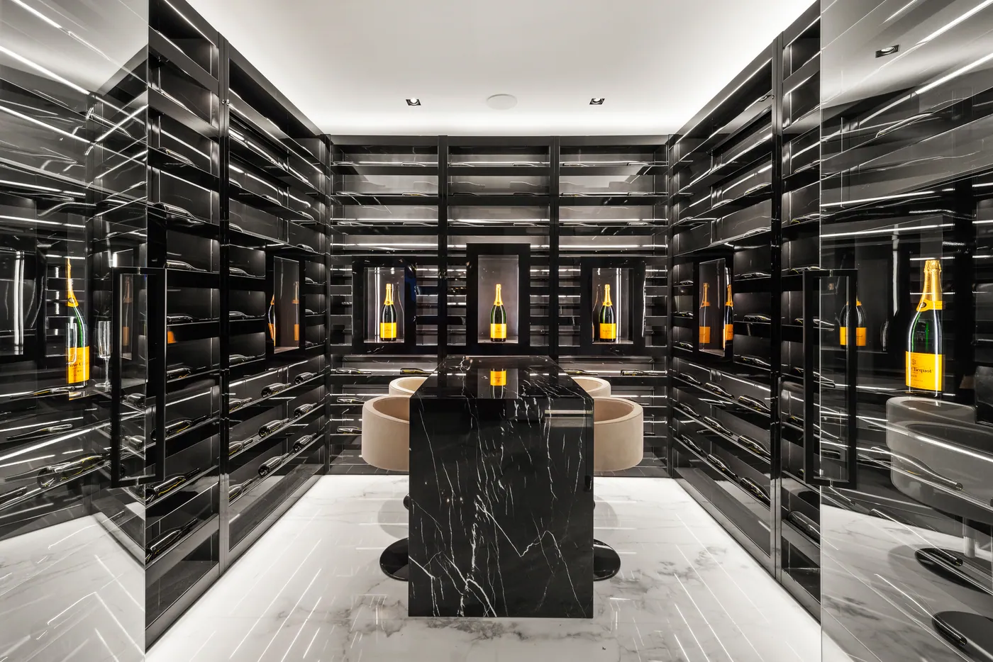 Wine tasting room in black stone and glass