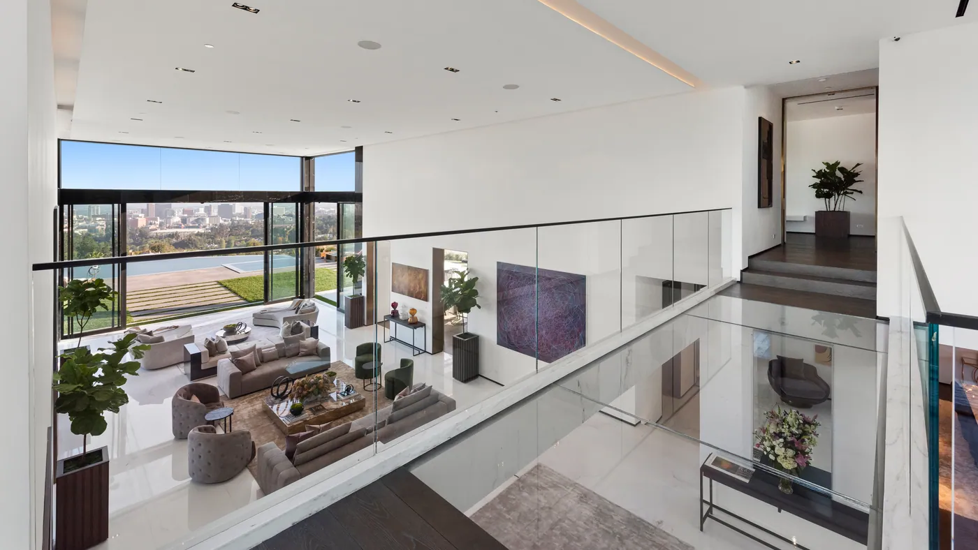 View from the upper gallery into the living room