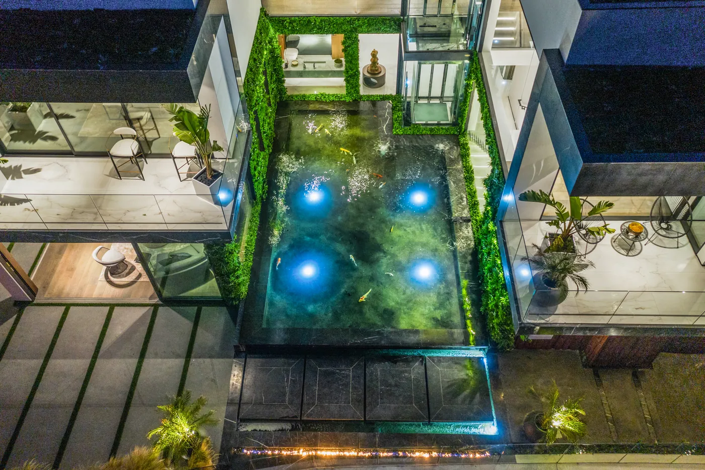 Courtyard water garden from above at night