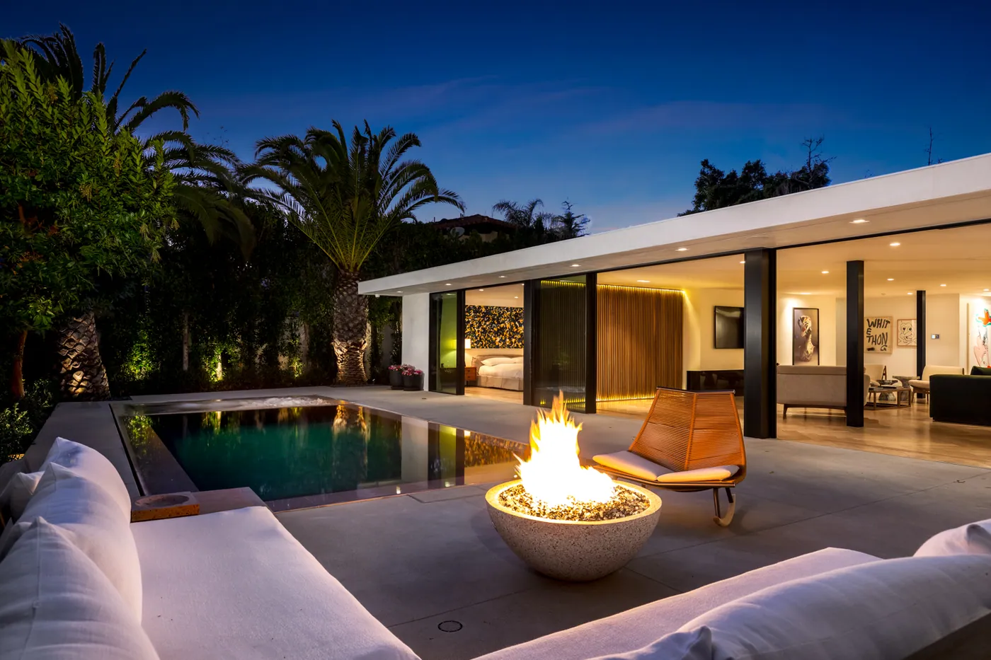 Fire bowl lounge at dusk
